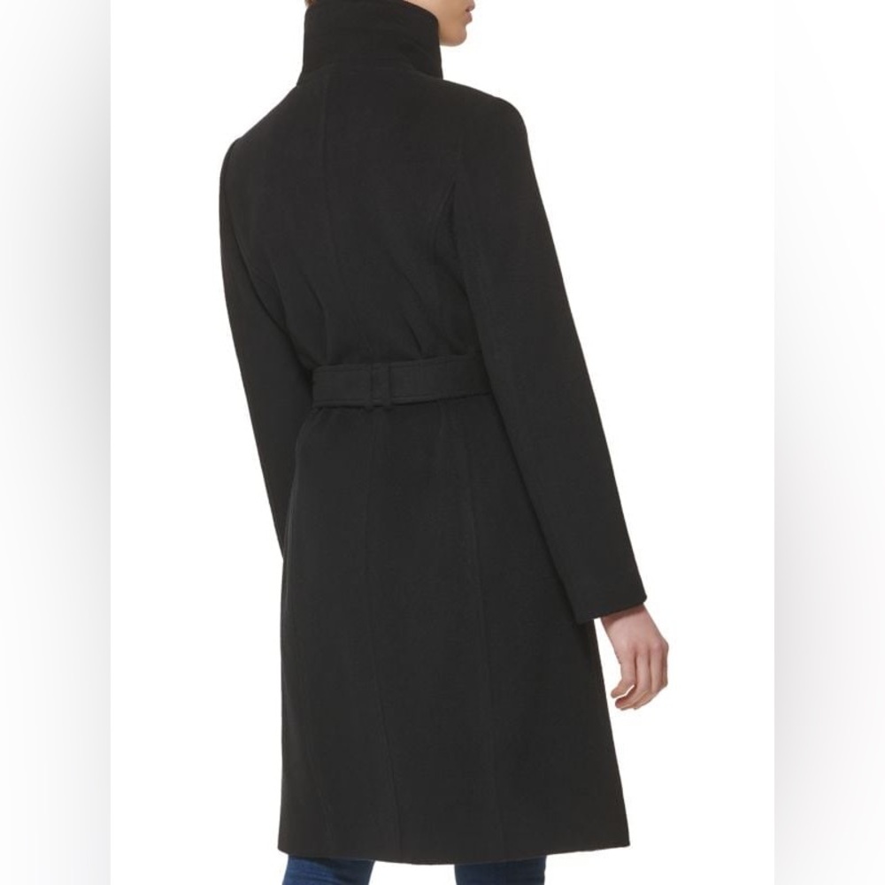 New COLE HAAN Belted Wool Blend Long Coat in Black Women’s Size 10 - Picture 2 of 11